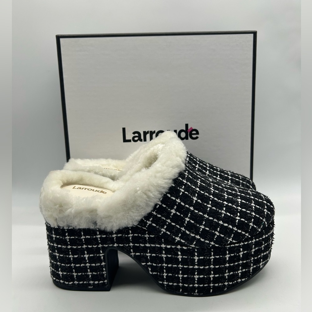Larroudé Miso Clog Tweed Black Platform Shearling Lined Heels Size 9.5 NWB - Picture 14 of 14
